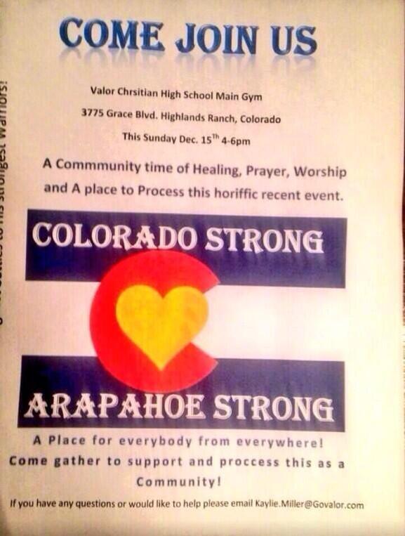 VCHStuCo's tweet photo. Join us today to pray for Claire and the Arapahoe community. Time for worship and praying! Come at 4 in the gym http://t.co/4iy1B2aR09