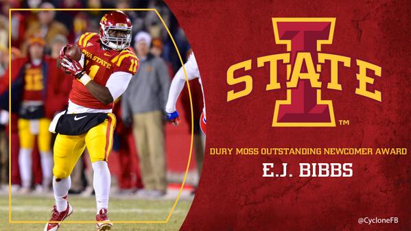 CycloneFB's tweet photo. Durwood Moss Award for Outstanding Newcomer: E.J. Bibbs @EJbibbs11 #Cyclones http://t.co/WDwNtdYWCY