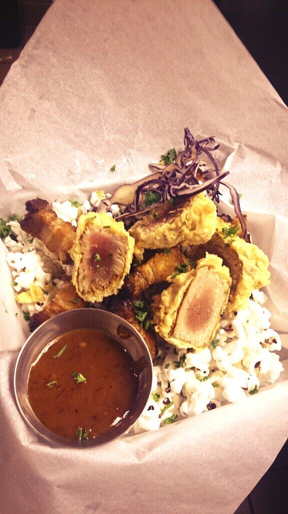 Reservelounge's tweet photo. Chicken fried tuna over crispy pork belly and truffle popcorn with a chippotle jam. http://t.co/k7IM5mmg0N