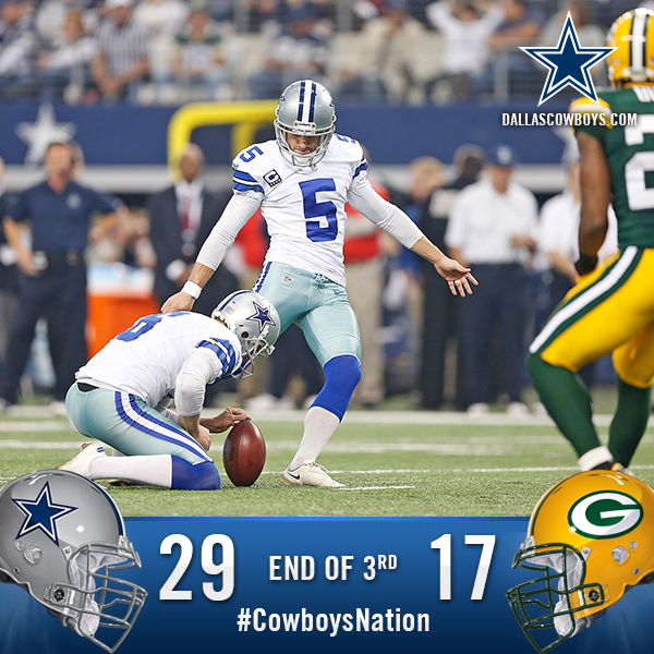 dallascowboys's tweet photo. End of the 3rd Quarter: Cowboys 29, Packers 17. #CowboysNation http://t.co/zZGQJ3soFw