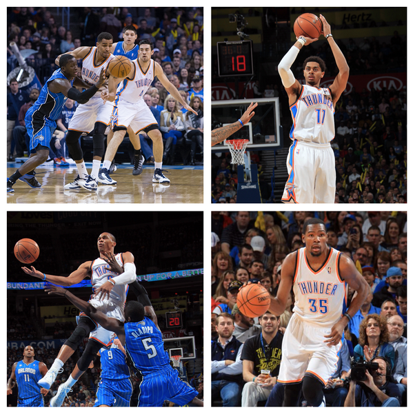 okcthunder's tweet photo. Thunder hangs on for 19th win, 101-98 over Magic. Durant 28p/9r. Westbrook 20p/12r. Lamb 16p. Jackson 10p. http://t.co/6ZmVEMjVyC