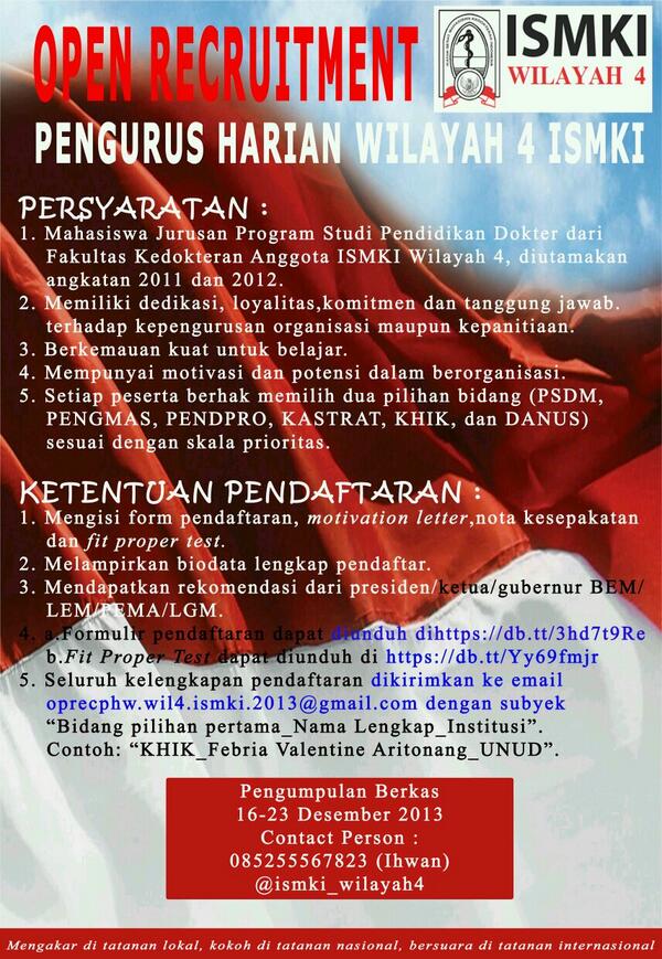 OPEN RECRUITMENT PHW 4 ISMKI 2014!!  | Cc: <a href="/KBMFKUNISA/">KBM-FK  UNISA</a> @Hmpd_Untad <a href="/infoSMFKUnsrat/">Infokom SMFK-Unsrat</a> <a href="/FKunsrat/">FK Unsrat</a>