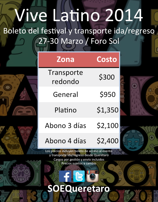 SoldOutQro's tweet photo. ¡Todo listo para el Vive Latino! Boleto de acceso al festival + Transporte redondo desde Querétaro. http://t.co/Uwz7Chzazp