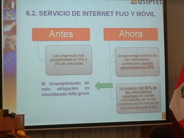 OSIPTEL's tweet photo. Antes las EO garantizaban el 10 y 5 % de velocidad de Internet, ahora el % mínimo deberá garantizarse en 40% http://t.co/aZQdaE52FK
