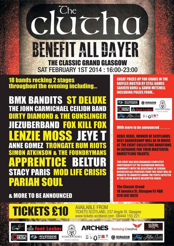 FoxKillFox's tweet image. The organisers of February's clutha benefit need help to distribute posters. If you can help geeza wee shout :)