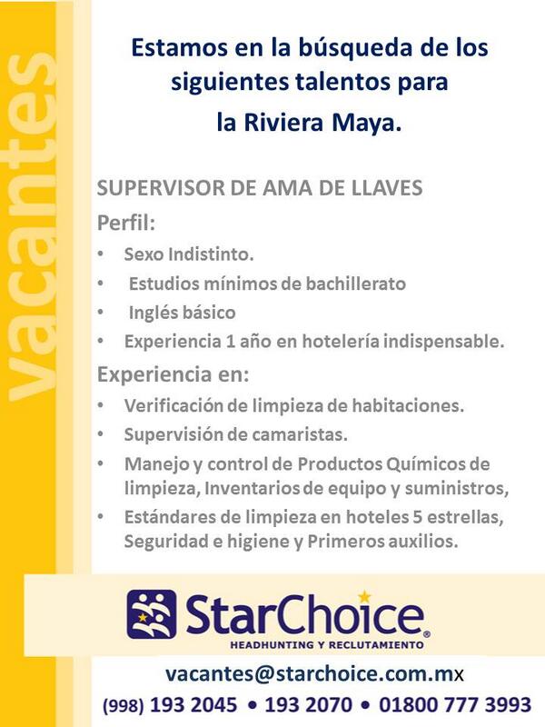 Estamos en la búsqueda de Supervisores de Ama de Llaves. Cv a: vacantes@starchoice.com.mx <a href="/EmpleosQROO/">Empleos Quintana Roo</a> <a href="/TwittPlaya/">#PlayaDelCarmen 🌊</a>