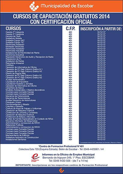Ya está abierta la Inscripción para los "Cursos de capacitación gratuita 2014" en el C.F.P N° 401 Col. Este 723 Belén