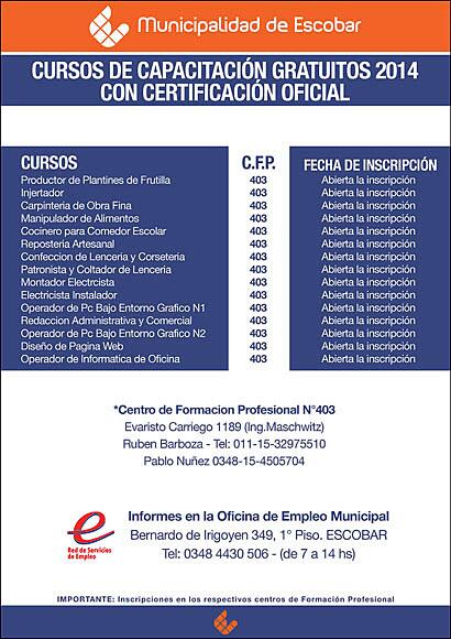 Ya está abierta la inscripción para los "Cursos de Capacitación Gratuita 2014" en el C.F.P N°403 de #IngMaschwitz