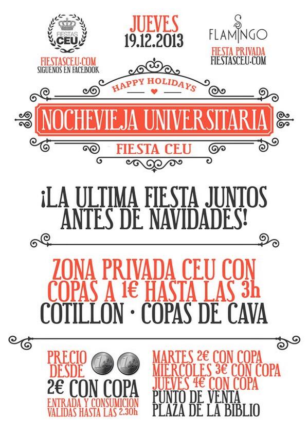 EMPIEZA A LAS 10.30 LA VENTA DE LAS ENTRADAS PARA LA FIESTA CEU DE NAVIDAD!! SOLO 2€ CON COPA!! EL JUEVES SE SALE!!