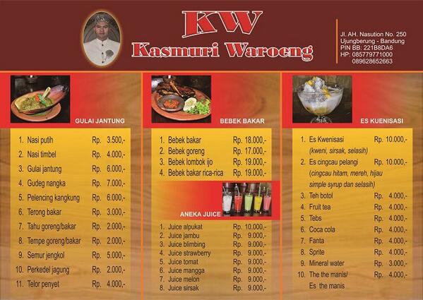 Males beli makan diluar? KW (Kasmuri Warung) bs delivery. pin: 221B8DA6 sms: 085779771000, cek menunya,murah &amp; nyos