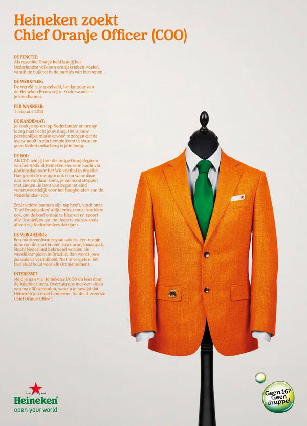 Heineken_NL's tweet photo. Heineken zoekt Chief Oranje Officer (COO). Interesse? Kijk op http://t.co/vJwrSJeN3h http://t.co/Mxf1M8SNpE