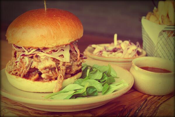 HaycocksLondon's tweet photo. THE BIG PIG! Half a pound of 11 hour cooked pulled pork, in a brioche bun, with rosemary and paprika chips. http://t.co/1V7jvZiF3Y