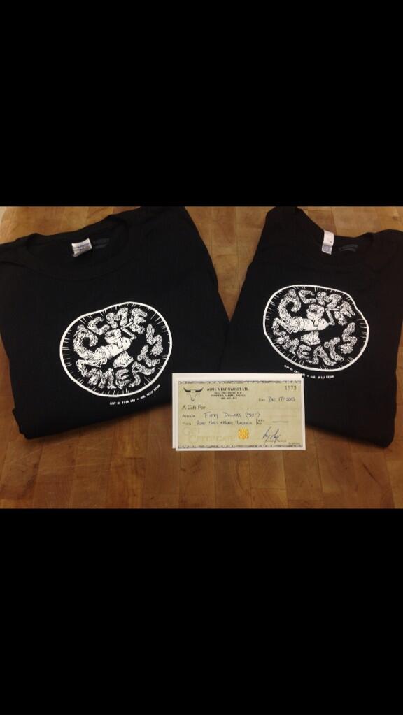 acmemeatmarket's tweet image. On the 6th Day of #ACMEmeatmas my butcher gave to; His &amp;amp; Hers ACME Tees &amp;amp; some MEAT money! Merry Meatmas:)