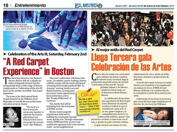 RedCarpetExp4's tweet image. Here is a look at out feature article in @El_Mundo_Boston back in Jan 2013 #COA2014 #BostonArt14 #RedCarpet14