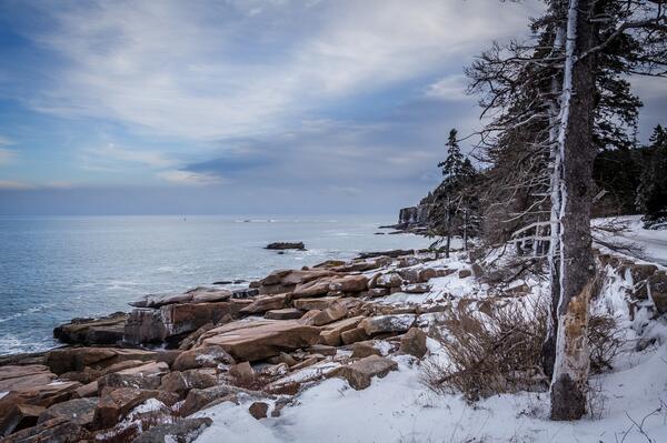 The Ocean Drive section of Park Loop Road is open and provides amazing icy views.