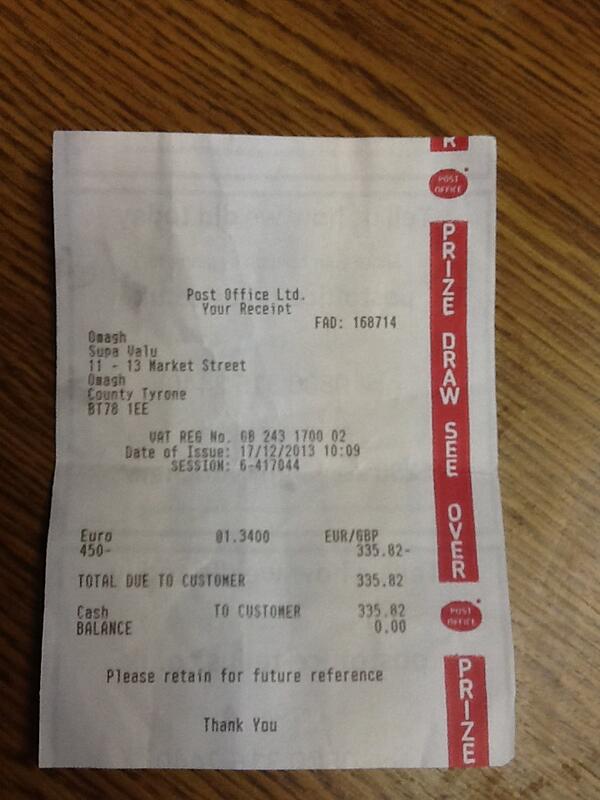 johnlikely's tweet image. @johnlikely:  I chgd 450 euro left from hols got disgusting low rate of 1.34 in postoffice I got £335.82 .