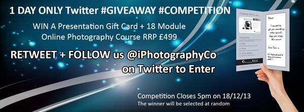 iPhotographyCo's tweet photo. #COMPETITION #GIVEAWAY @iPhotographyCo WIN iPhotographyCourse (plus Gift Card) RRP £499 FOLLOW &amp; RT now to enter. http://t.co/ZOpfxhrpO0