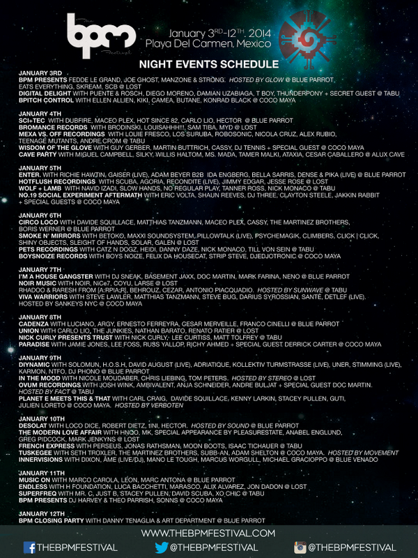 TheBPMFestival's tweet photo. #BPM2014 Night Events Schedule. Single event tickets on sale Dec 18 5pm CST/6pm EST http://t.co/D16054bvSb http://t.co/AxbihtH0s3