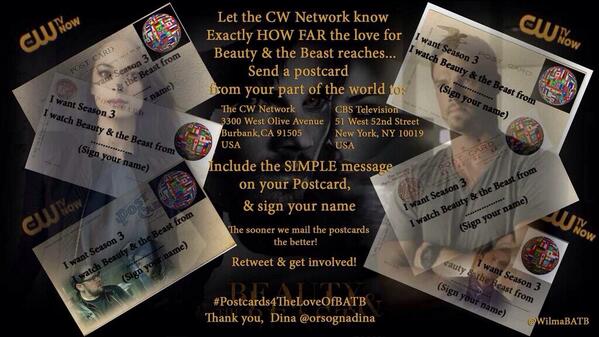 Send CW A POSTCARD!
"I watch from ___&amp; want S3 of #BatB !"
SUPER EASY &amp; WW! 💜
Idea: @orsognadina 
Flyer: <a href="/WilmaBatB/">Wilma</a>