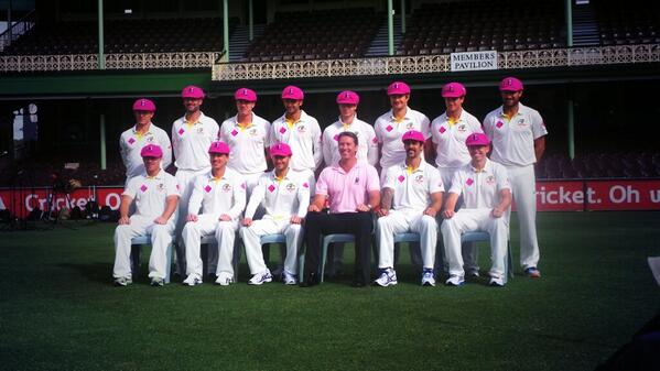 FOXSportsNews's tweet photo. RT @CricketAus
"Aussies have their team photo in their Baggy Pinks with the great @glennmcgrath11 #Ashes #PinkTest http://t.co/nSV2kyJSr7"