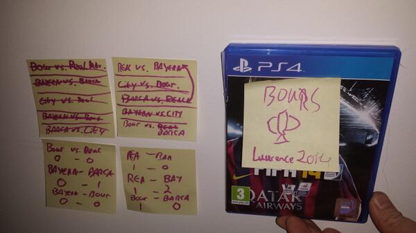 BarryDoh's tweet photo. @EASPORTSFIFA  this is what the lack of tournament mode in FIFA14 has done to our annual tournament.  Still the best http://t.co/YzH7KFO7hX