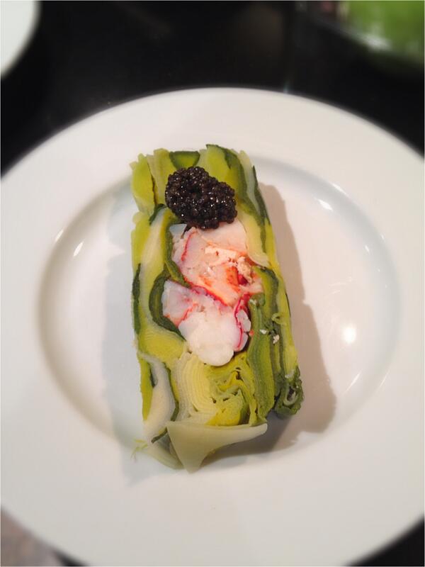 1st course.  Leek and lobster terrine w/ caviar ( MPW recipe) . Came out ok. 28 leeks/one terrine