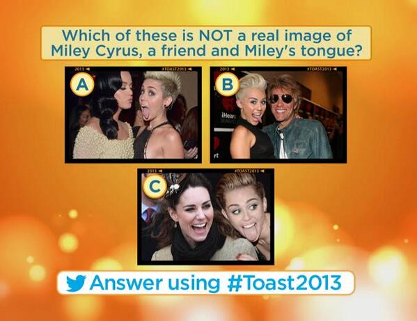 DatelineNBC's tweet photo. Which of these is NOT a real pic of Miley Cyrus, a friend, and Miley's tongue? #Toast2013 http://t.co/ZOvp8qESBj http://t.co/uC1Dwpx2Jv