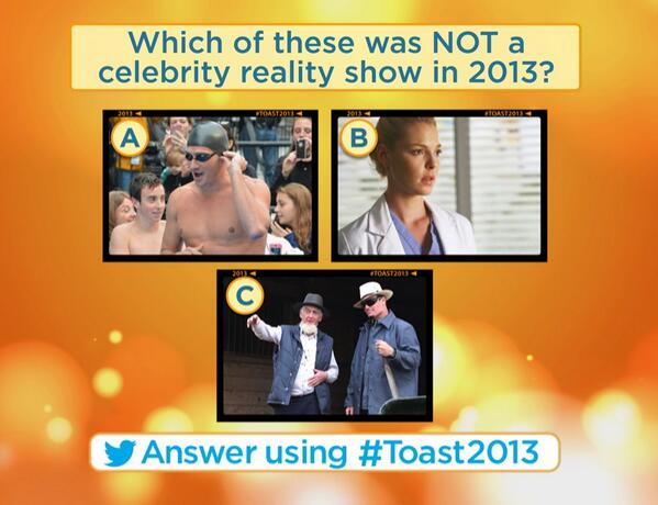DatelineNBC's tweet photo. Which of these was NOT a reality show in 2013? #Toast2013 http://t.co/H8aeM6Msnd http://t.co/GqbDWfuACM