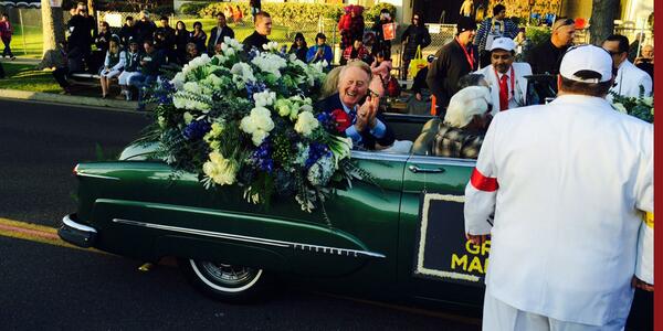MLB's tweet photo. "And now, instead of me throwing out the first pitch, let's start the parade!" - Vin Scully. http://t.co/Nsj5emUUI7