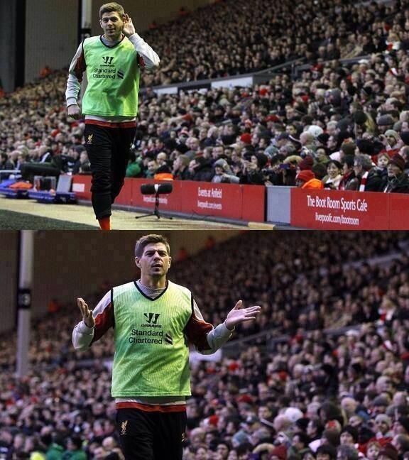 phiroy98's tweet photo. Hull fansen sang dritt om Gerrard mens han varmet opp. Dette er Gerrards reaksjon etter at vi scorte. @LFCNorwegian http://t.co/ODlUVuUYTH