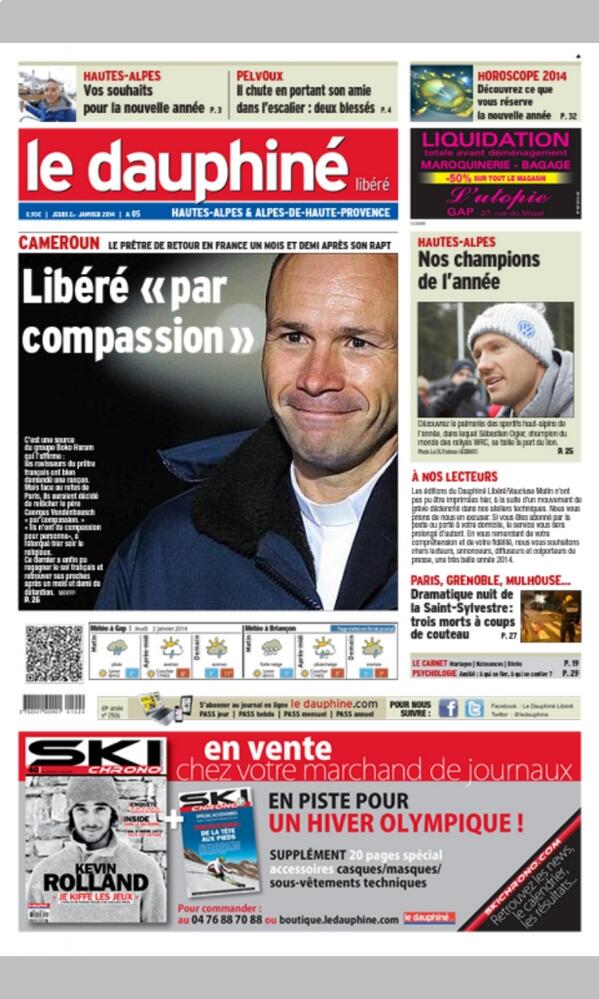 guyflab's tweet image. La une du Dauphiné Libéré de ce jeudi 2 janvier