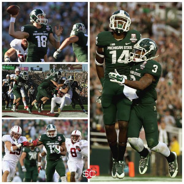SportsCenter's tweet photo. VICTORY FOR MSU!
No. 4 Michigan St. beats No. 5 Stanford in #RoseBowl100, 24-20; first MSU win in game since 1988. http://t.co/GRSbxEiT6q