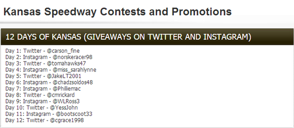 kansasspeedway's tweet photo. Full list of #12DaysofKANSAS giveaway winners! http://t.co/kwOQzg5tdp