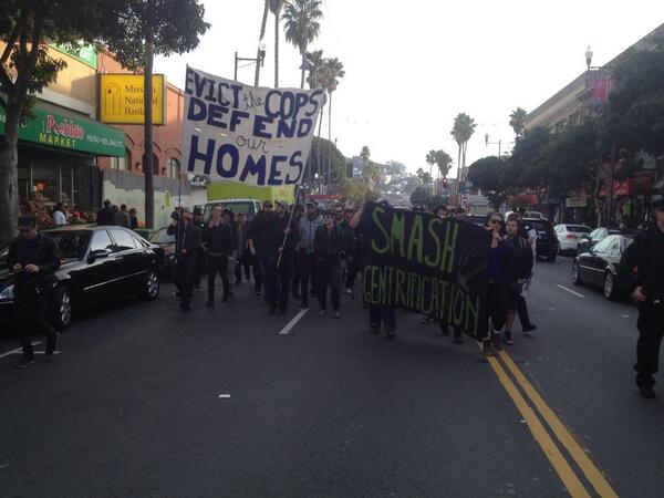 sfprotest's tweet photo. "Evict the cops, protect our homes" march through #sf mission today. March ended w Coffee not Cops #sfprotest http://t.co/gSLezPkhci