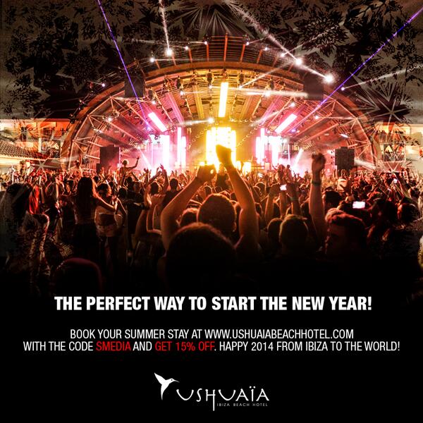 ushuaiaibiza's tweet photo. Go for 2014! Book your summer stay at #Ushuaïa with code SMEDIA &amp; get 15% off by 12 January! http://t.co/mDypOT3Qsw http://t.co/xe2IyOG88H