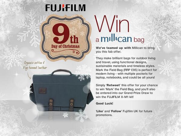 #12daysofchristmas day 9. RT for a chance to win a #millican bag and another chance to win  the #FUJIFILM #XM1 kit