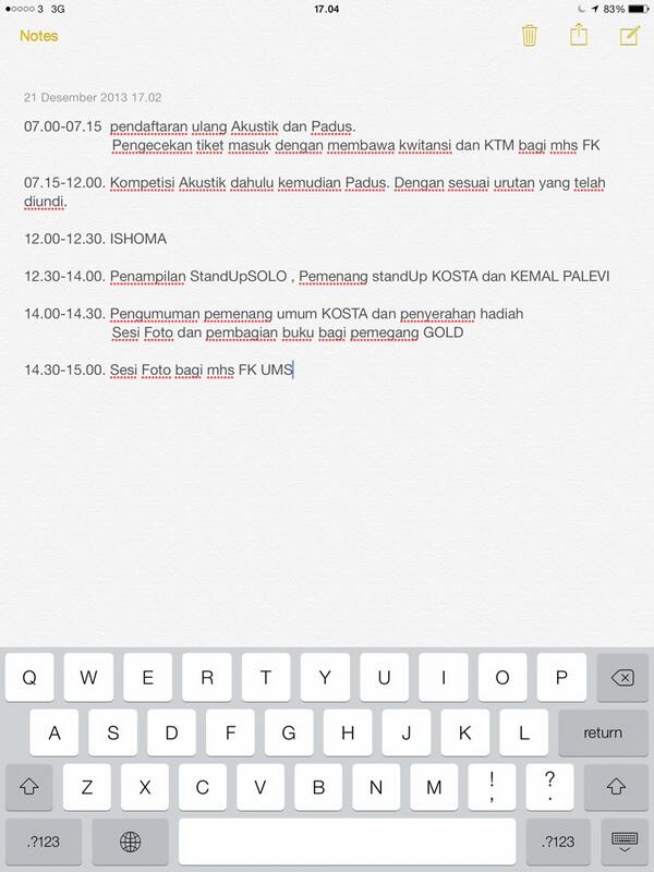 Rundown Acara KOSTA FK UMS. Tanggal 22 Desember 2013. Gedung Bale Kambang.