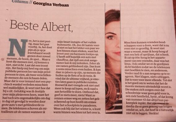 zo is het maar net: Georgina Verbaan die in haar column Albert Verlinde wat tips geeft ””