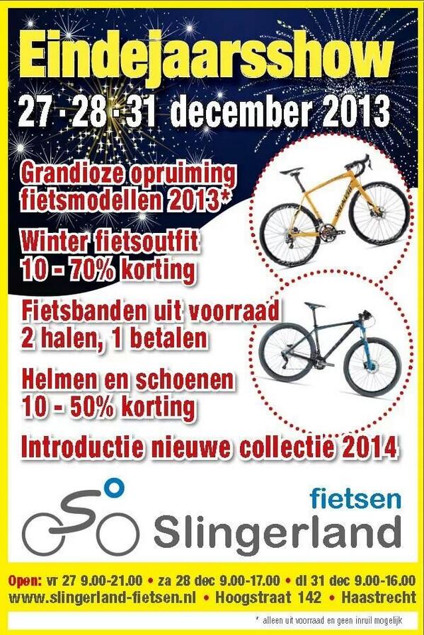 27-28-31 december EINDEJAARSSHOW Slingerland Fietsen. Veel aanbiedingen, korting 10-70%! RT&amp;WIN cadeaubon twv 25 euro