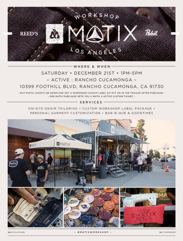 activerideshop's tweet photo. Our friends at @matixclothing will be bringing the #matixworkshop at @ActiveRancho today from 1-5pm! See you there! http://t.co/S1aqKesThb