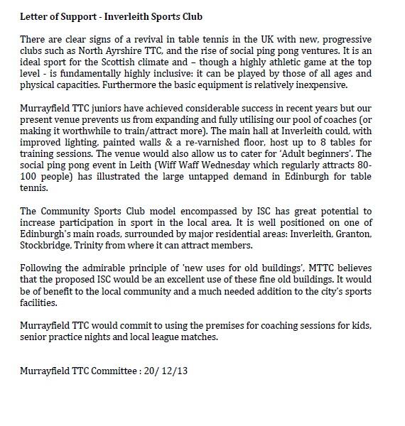 Thx <a href="/MurrayfieldTTC/">Murrayfield Table Tennis Club</a> for supporting proposal to turn InverleithChurch into a club committed 2 growing grassroots sport