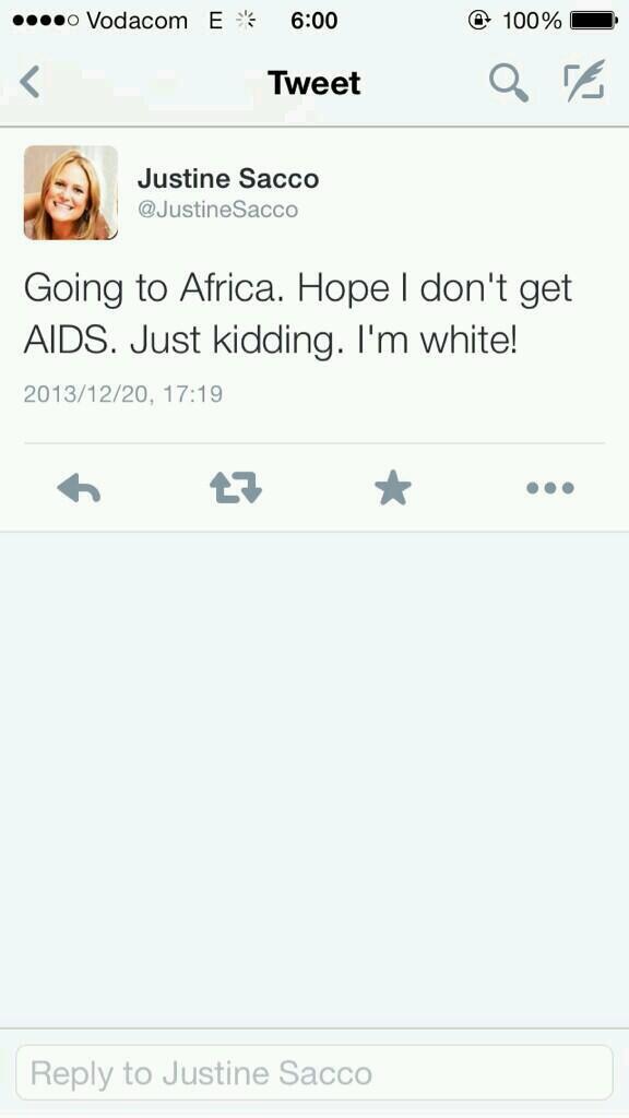 AsapKorny's tweet photo. It just took 12 words to end Justine Sacco's career. This bitch got us fucked up #Africanpride #HasJustineLandedYet http://t.co/Sns9lrKh6B