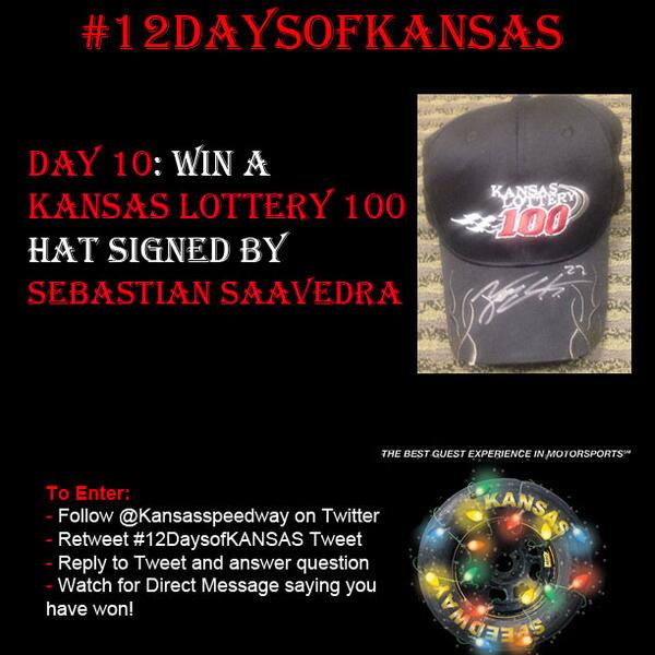 kansasspeedway's tweet photo. #12DaysofKANSAS Day10: Win @Kansas_Lottery 100 hat.
Q: Which #NSCS rookie do you think will go to VL first in 2014? http://t.co/Kla1NSJowv