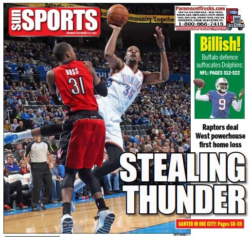 TOSunsports's tweet photo. Here's the Monday sports cover. #Raptors, #Bills both win. http://t.co/Vy6H5emI13