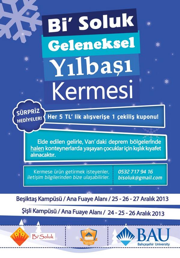 BiSoluk's tweet photo. Geleneksel Bi' Soluk Yılbaşı Kermesi' nden yapacağınız her 5 TL lik alışverişe sürpriz hediyeler kazanın. http://t.co/7g08yfMni4