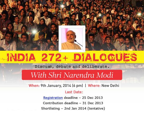 BJP4India's tweet image. Discuss, debate and deliberate with Shri @narendramodi to achieve Mission 272+.

Register at india272.com/dialogues/