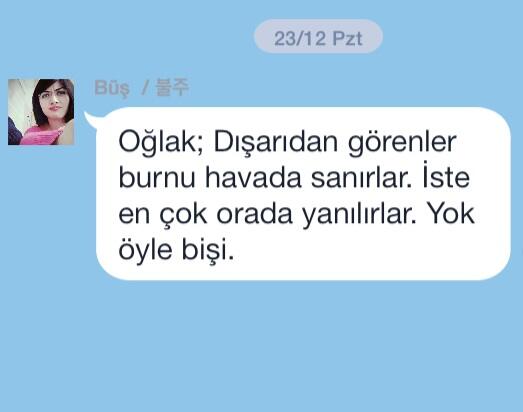 Oğlak; Dışarıdan görenler burnu havada sanırlar. İste en çok orada yanılırlar. Yok öyle bişi.