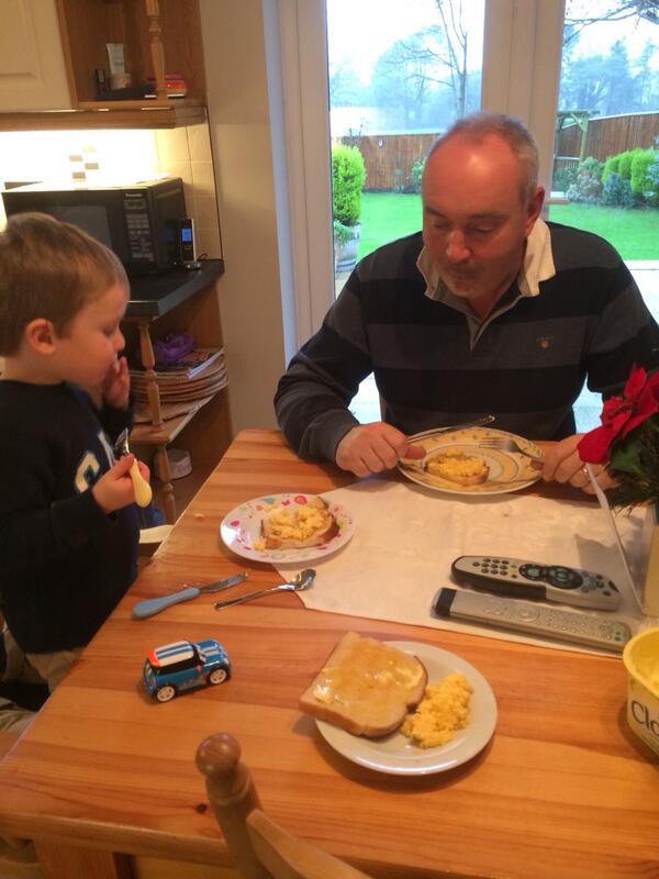 anthony604266's tweet photo. Breakfast with grandad made by Finlay scrambled eggs next Jamie Oliver in the making http://t.co/NEBnZlThEp