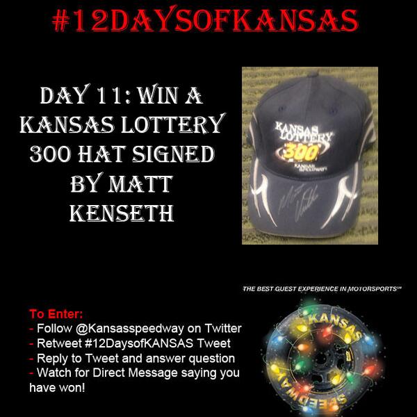 kansasspeedway's tweet photo. #12DaysofKANSAS Day11: @mattkenseth signed hat!
Q: How many #NASCAR wins does Kenseth have at Kansas Speedway? http://t.co/xloke1zlnY