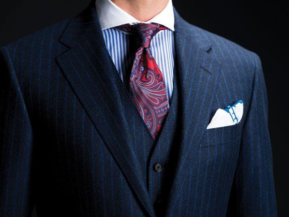 White Stripe Shirt, Red Paisley Tie 